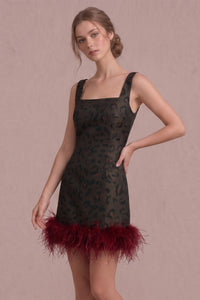 Leopard Jacquard Square Neck Feather Mini Dress