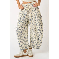 Cream and Blue Floral Slouchy Barrel Leg Pants