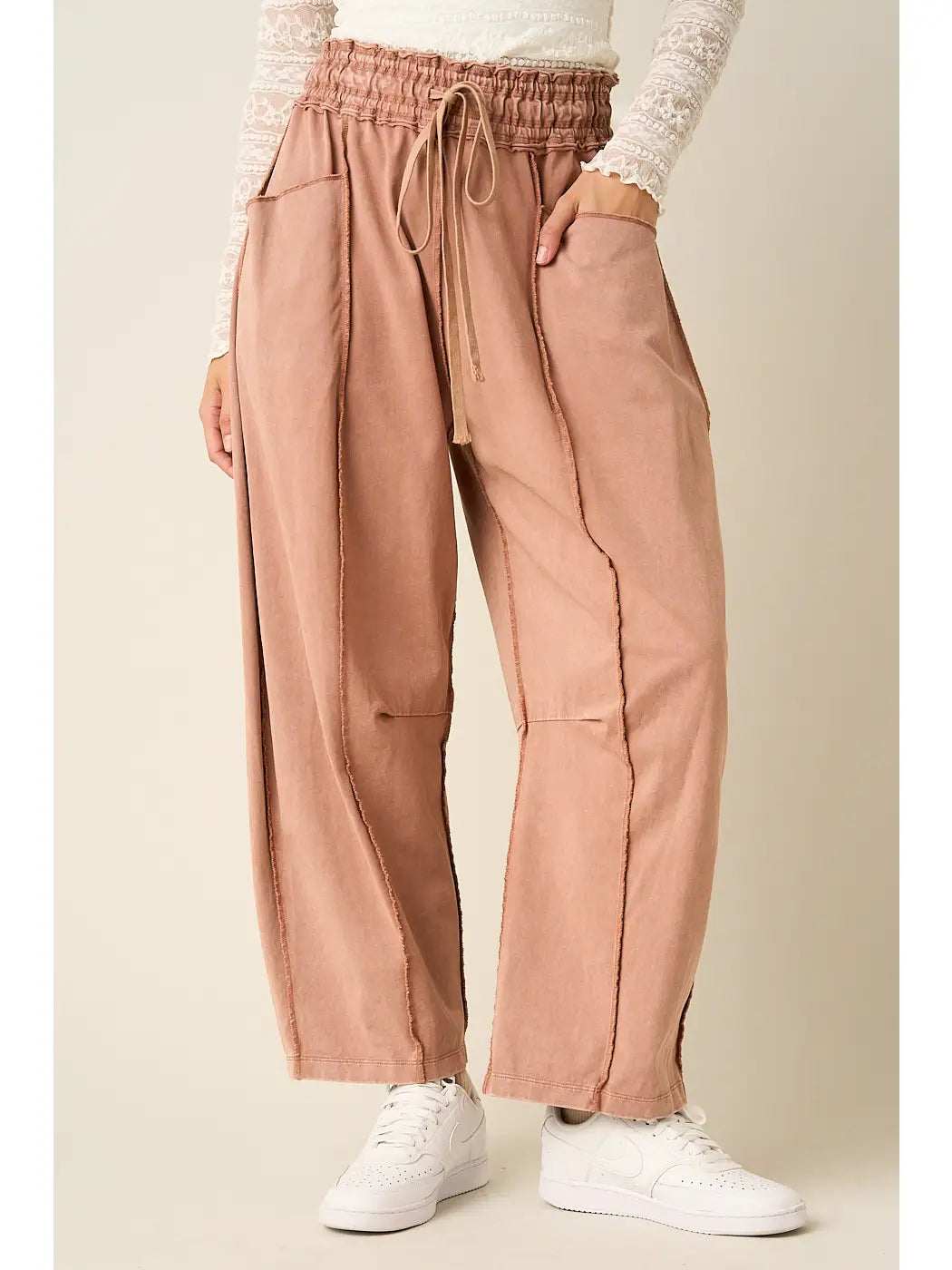Drawstring Barrel Leg Pants - Red Bean