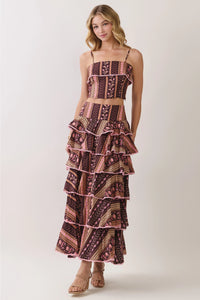 Brown Ruffle Maxi Skirt Set