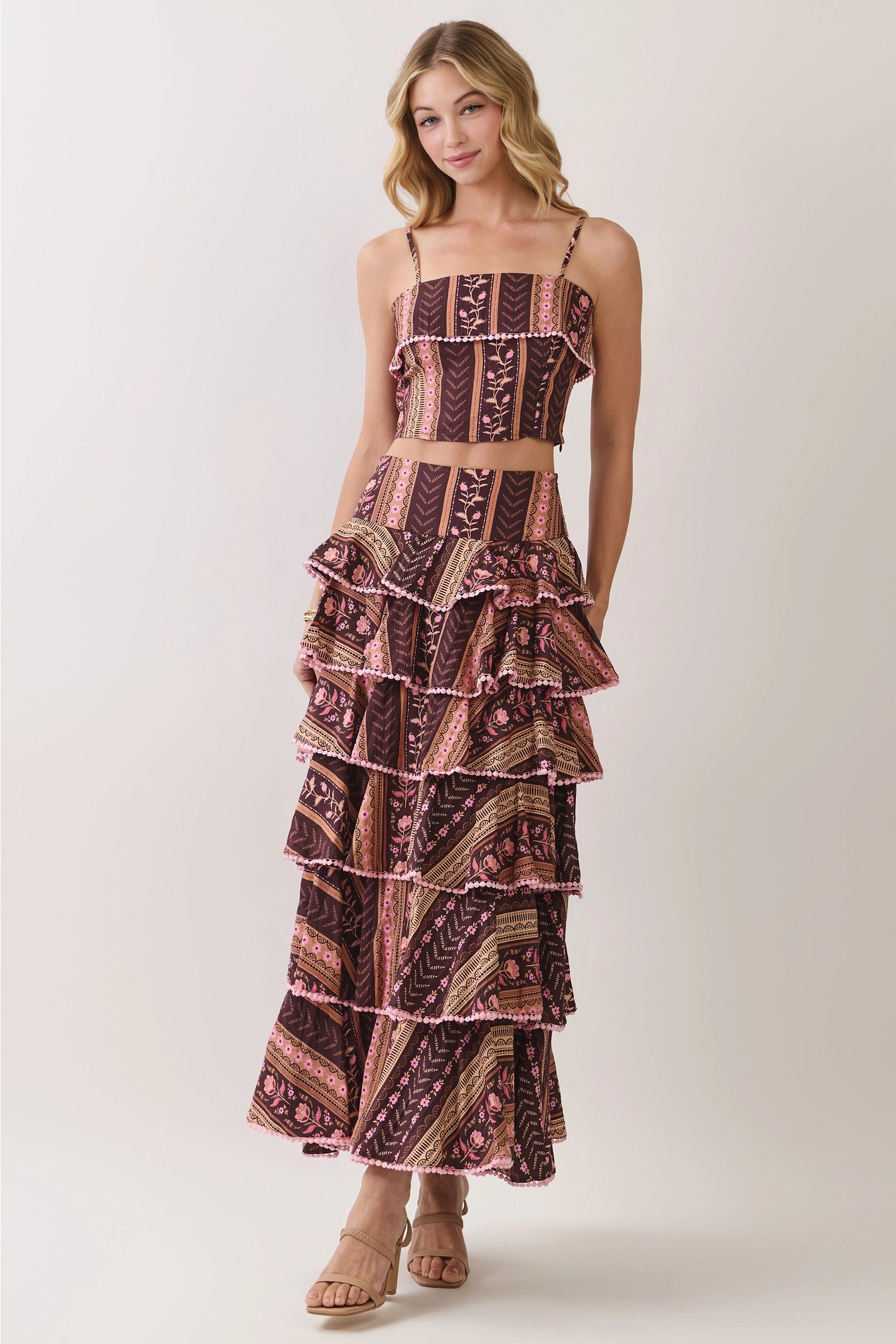 Brown Ruffle Maxi Skirt Set