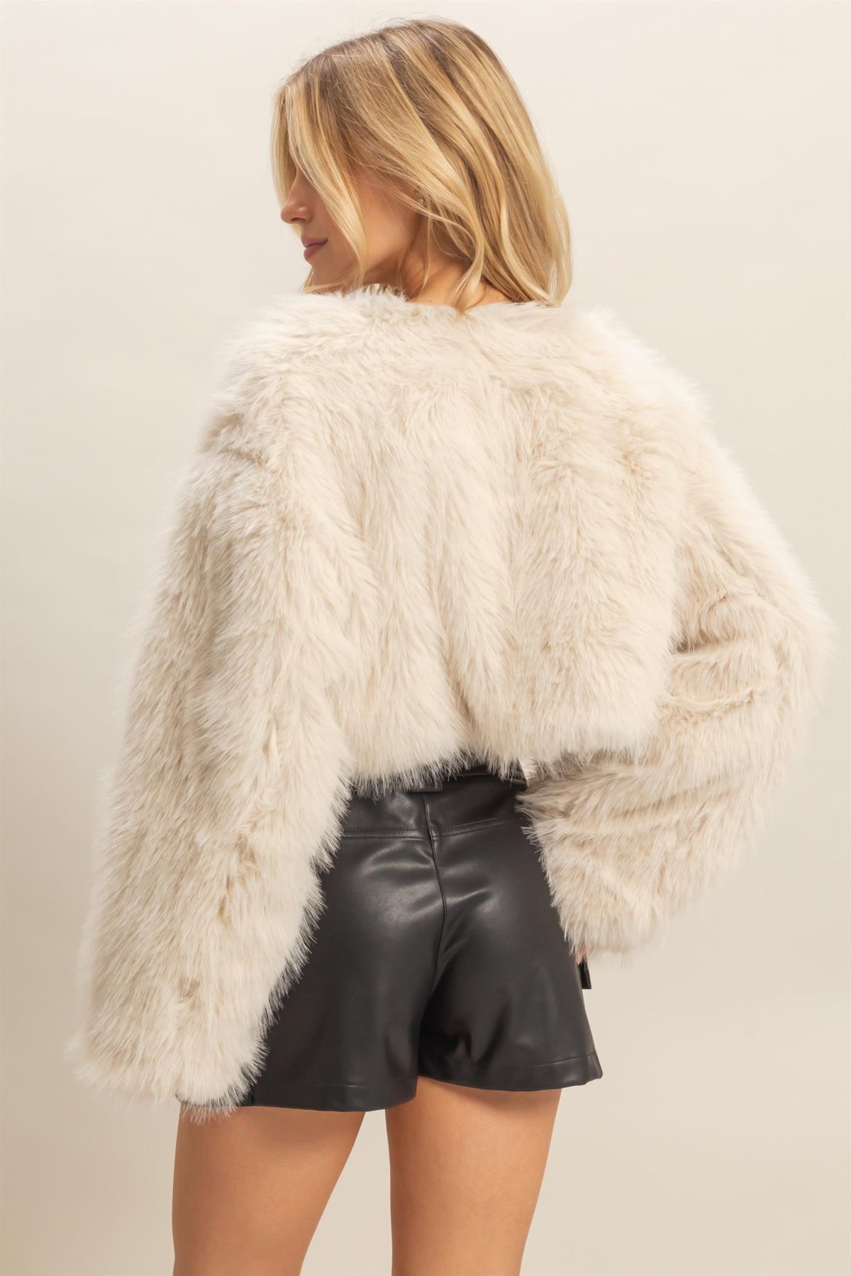Cream Cropped Faux Fur Jacket