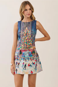 NYC Christmas Tree Scene Mini Shift Dress
