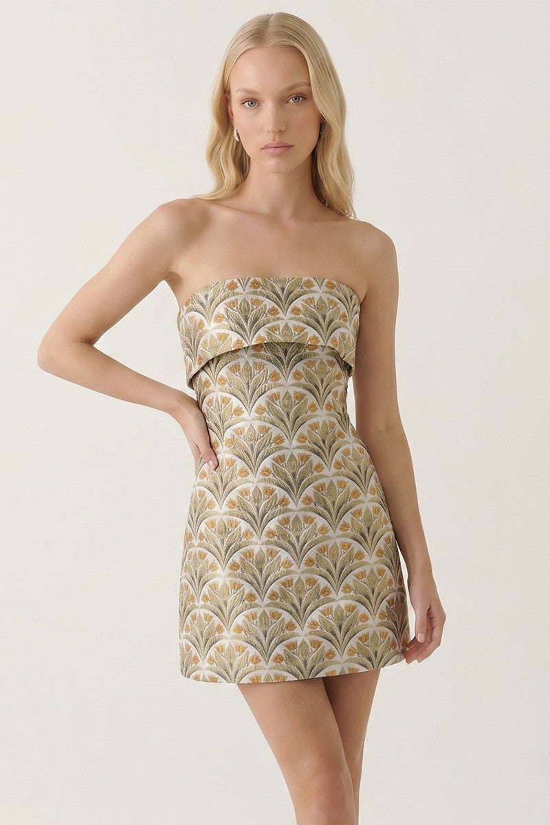 Green Floral Strapless Jacquard Mini Dress