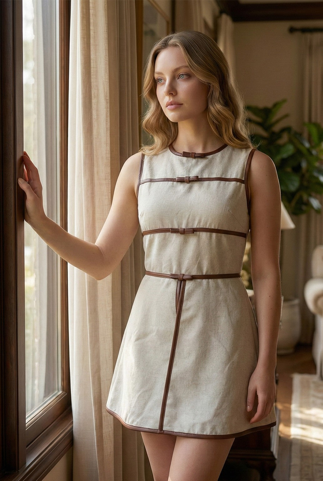 Brown Contrasting Linen Romper Dress - Kendry Collection Boutique