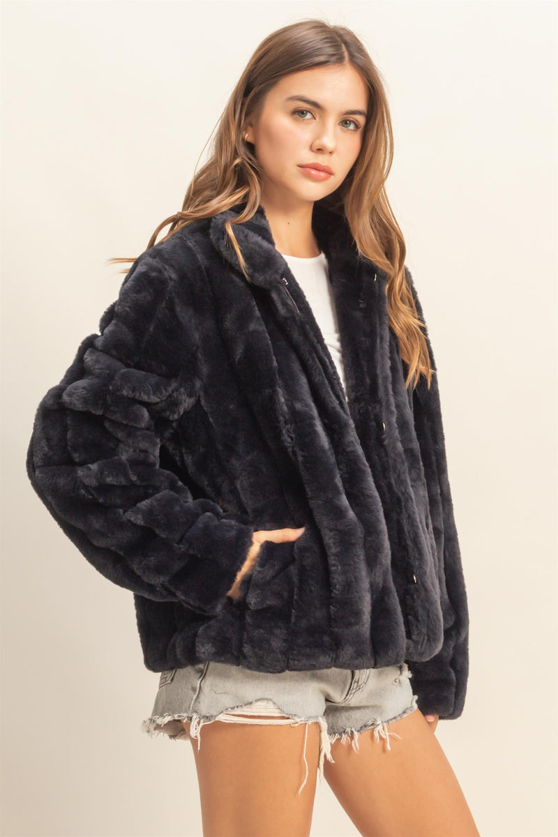 Black Ribbed Faux Fur Jacket
