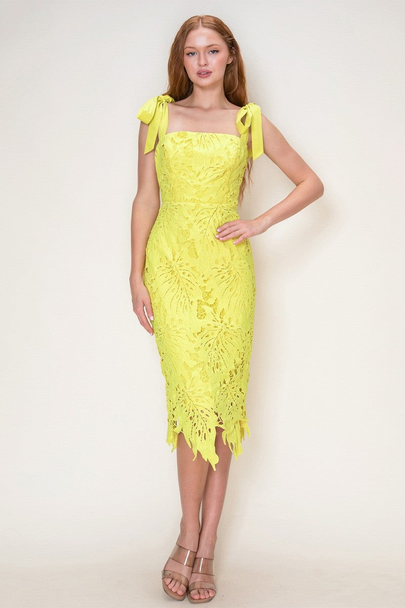 Palm Leaf Embroidered Tie Strap Midi Dress