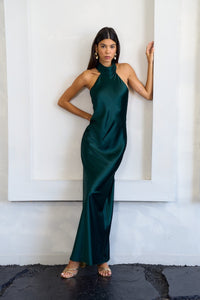 Green Satin Halter Neck Maxi Dress