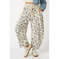 Cream and Blue Floral Slouchy Barrel Leg Pants