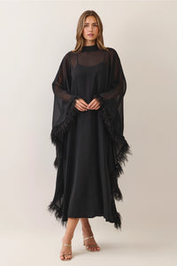 Black Sheer Mock Neck Feather Trim Maxi Dress
