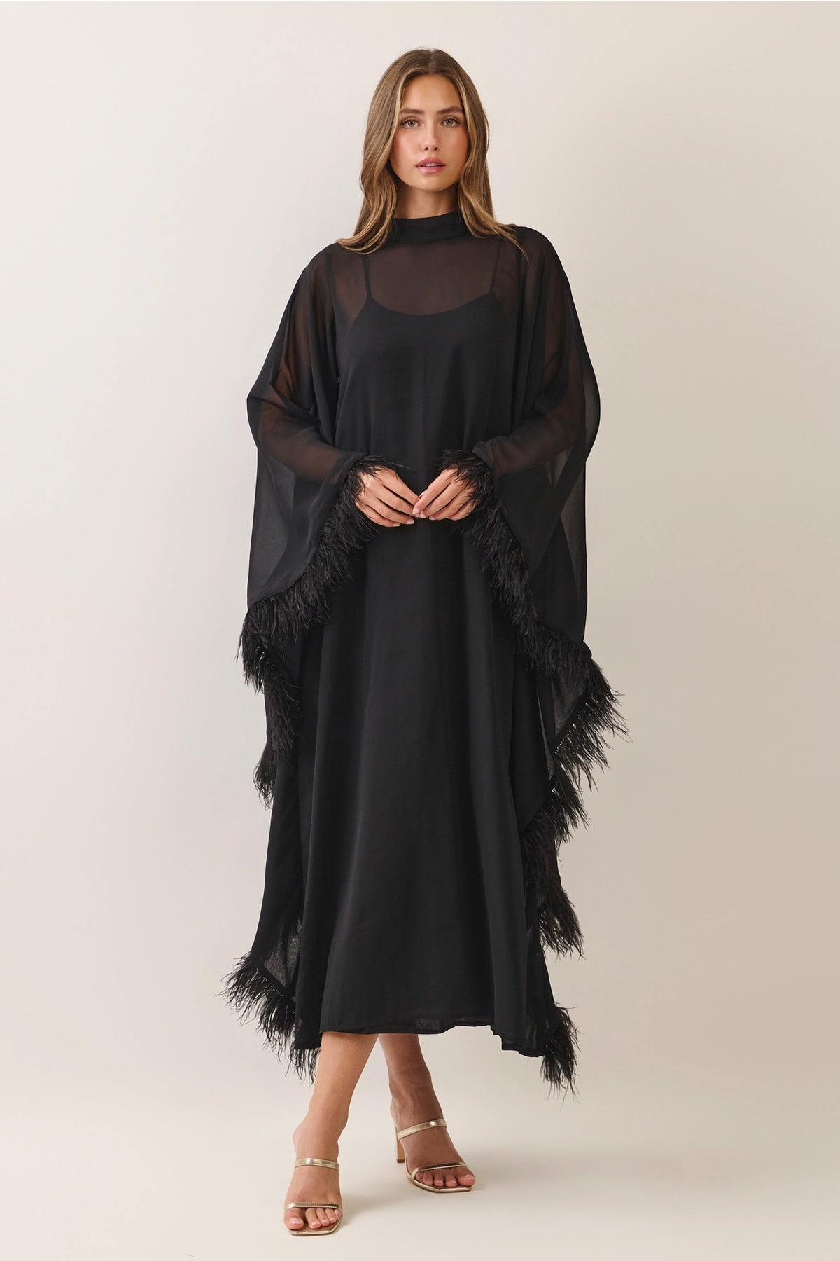 Black Sheer Mock Neck Feather Trim Maxi Dress