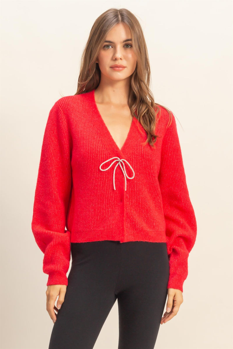 Red Sweater With Rhinestone Bow Detail