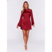 Burgundy Satin Lace Cut Out Mock Neck Mini Dress