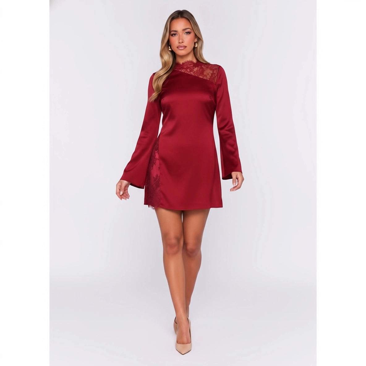 Burgundy Satin Lace Cut Out Mock Neck Mini Dress