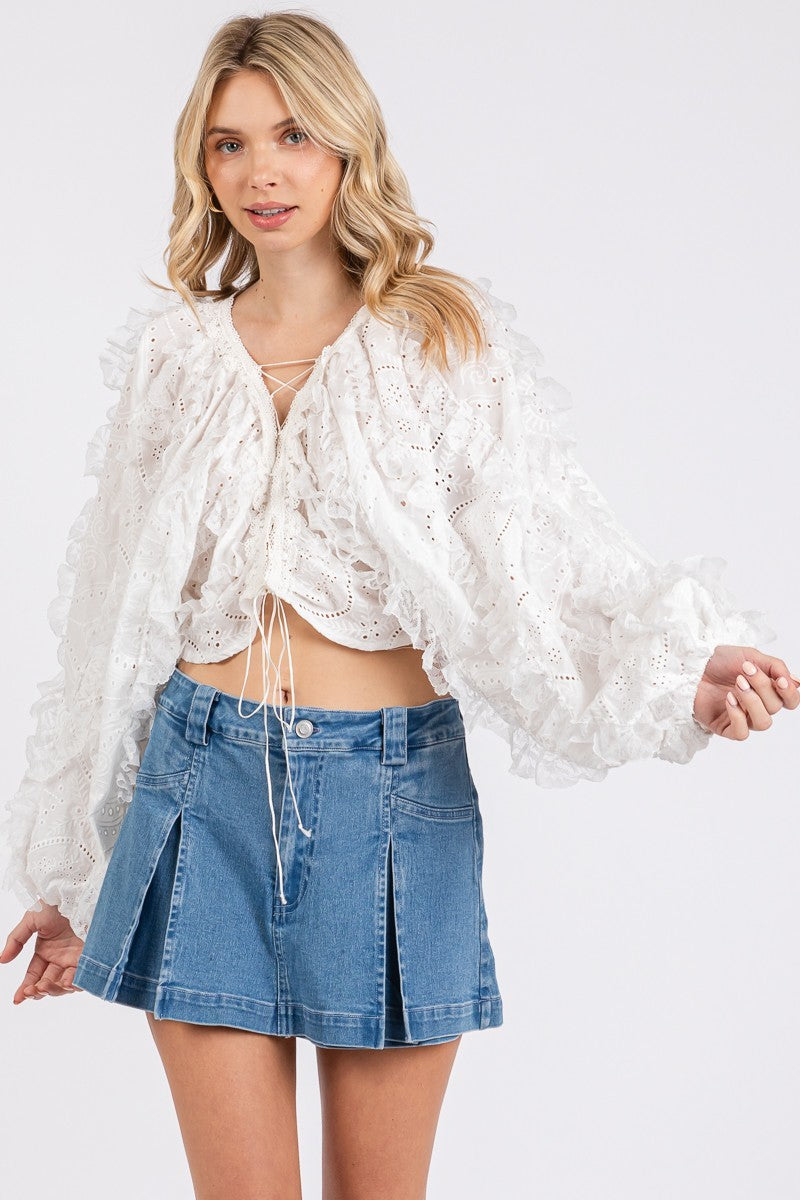White Eyelet Ruffle Long Sleeve Cropped Blouse