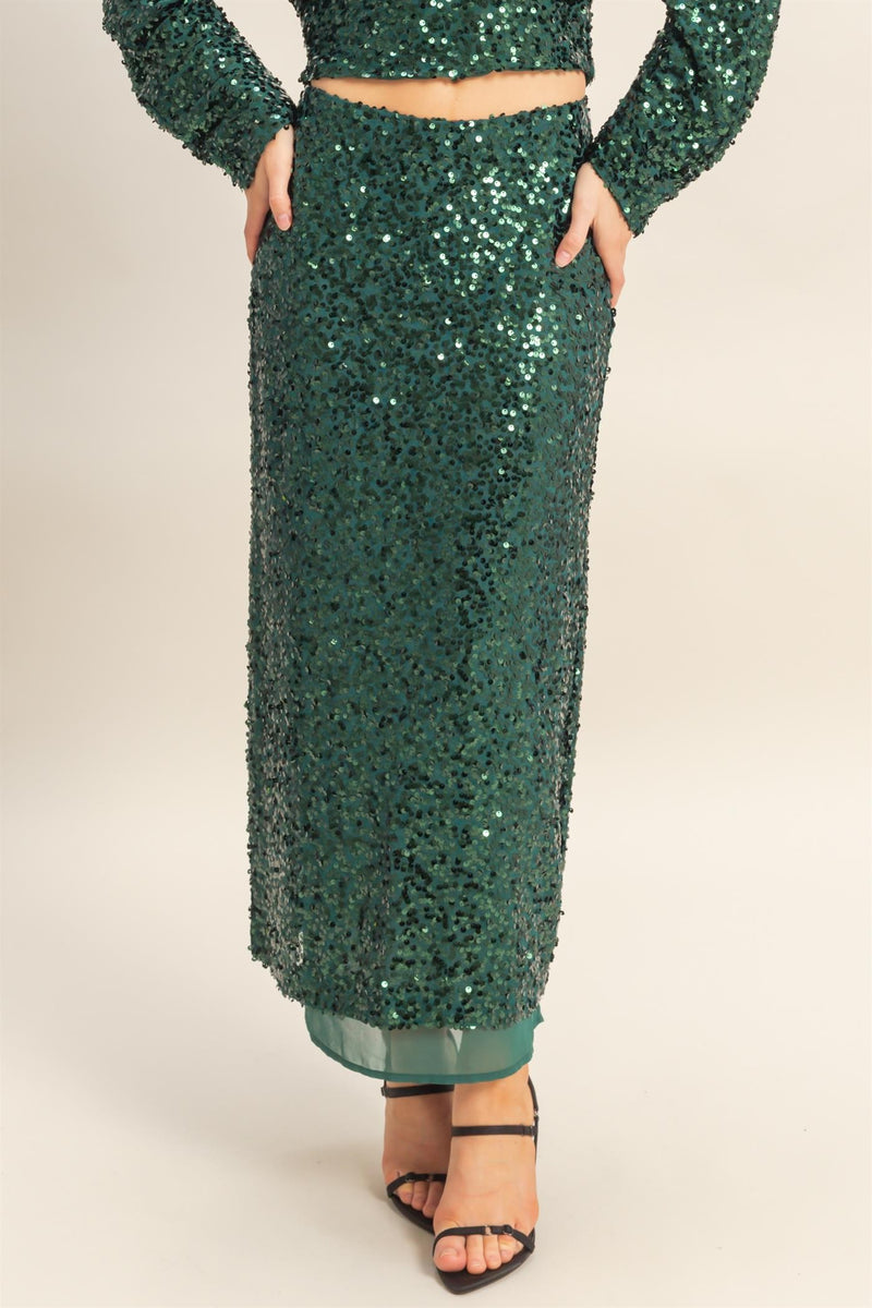 Green Sequin Midi Skirt