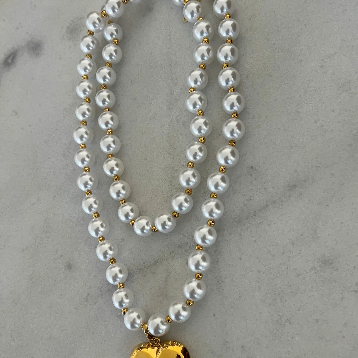 Gold Puffy Heart Pendant Pearl Necklace
