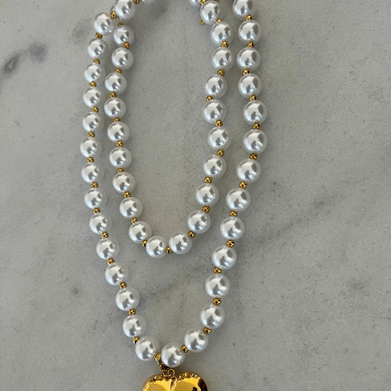 Gold Puffy Heart Pendant Pearl Necklace