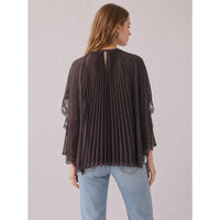 Espresso Brown Pleated Cape Blouse with Lace Trim