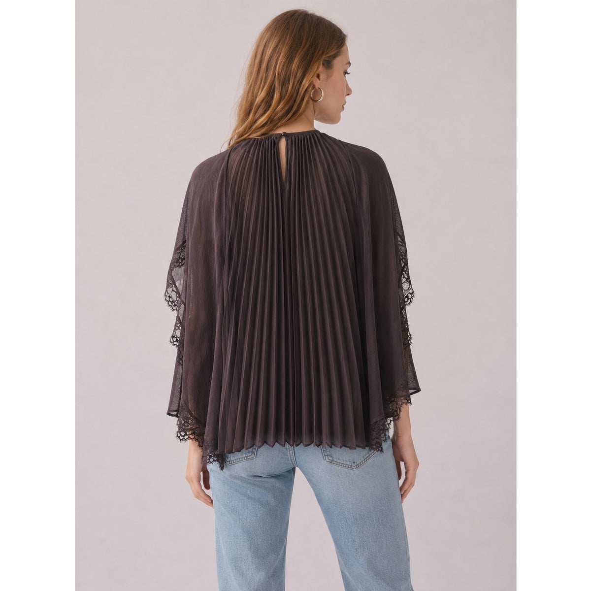 Espresso Brown Pleated Cape Blouse with Lace Trim