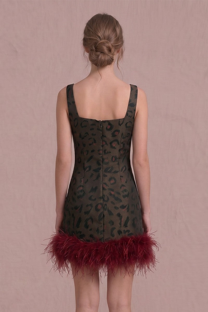 Leopard Jacquard Square Neck Feather Mini Dress