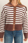 Brown Striped Button Up Sailor Collar Sweater