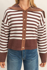 Brown Striped Button Up Sailor Collar Sweater