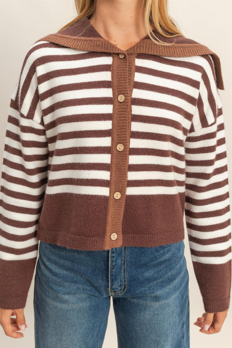 Brown Striped Button Up Sailor Collar Sweater