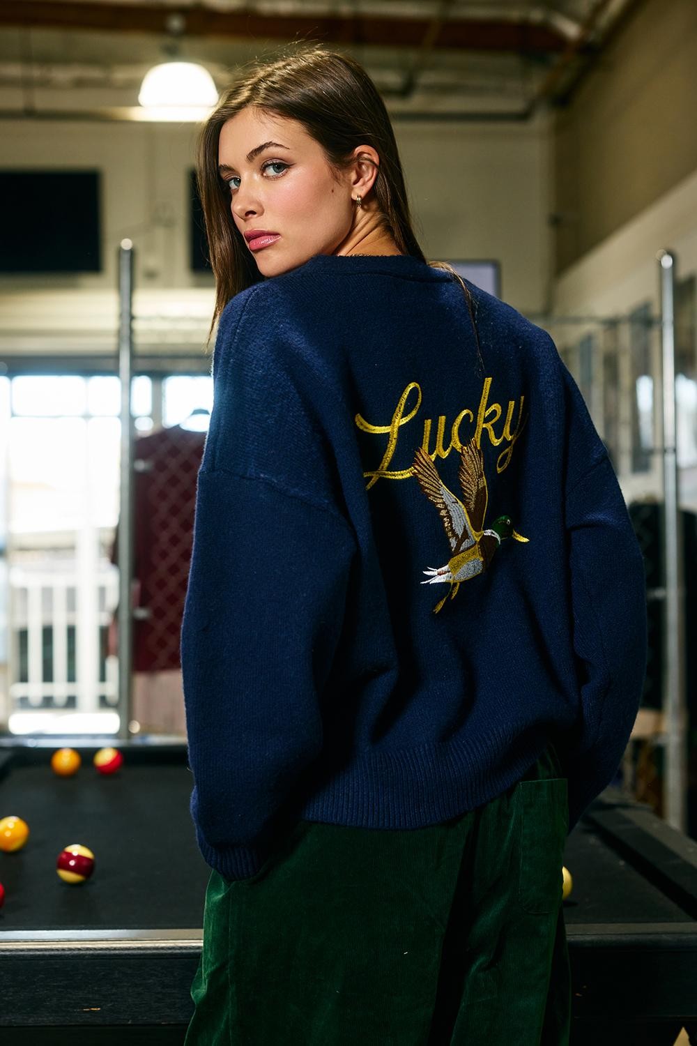 Lucky Duck Mallard Embroidered Navy Knit Cardigan