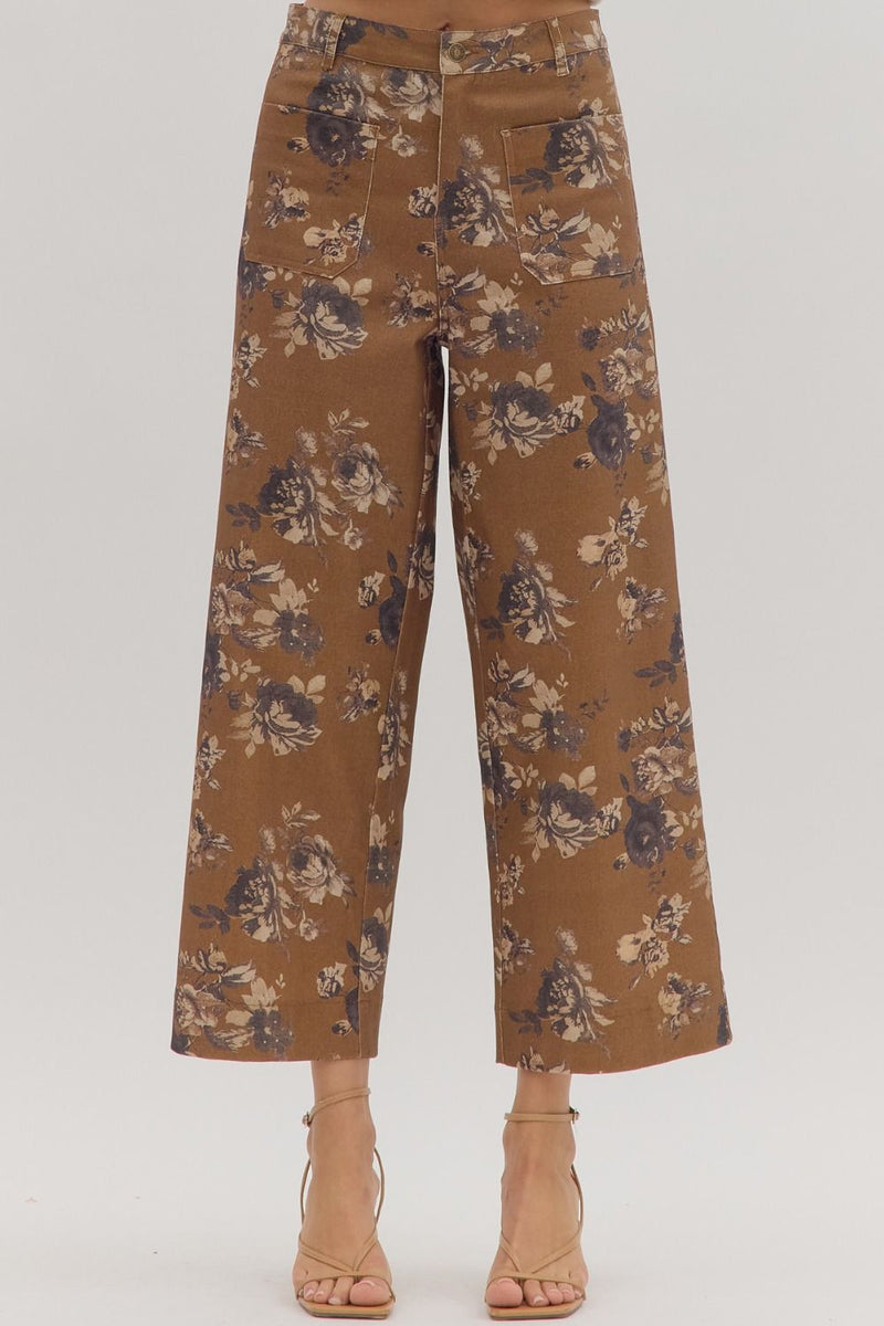Brown Floral Print Front Pocket Straight Leg Jeans