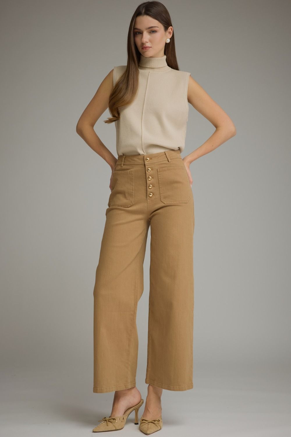 Camel Gold Button Fly Wide Leg Jeans