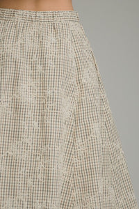 Neutral Plaid Embroidered Floral Top and Midi Skirt Set