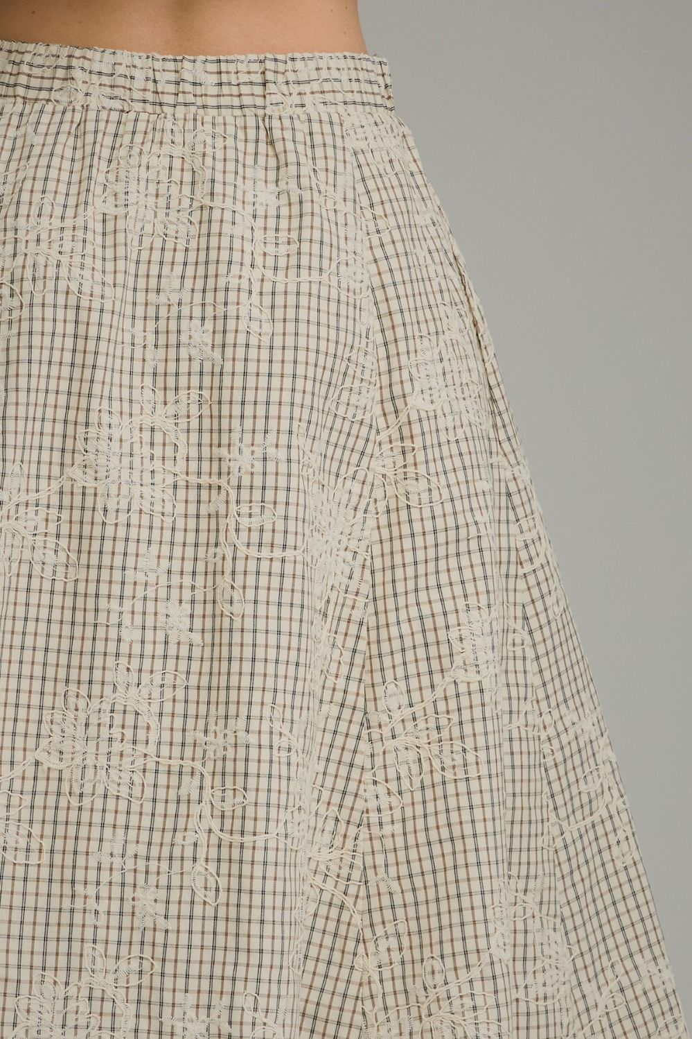 Neutral Plaid Embroidered Floral Top and Midi Skirt Set