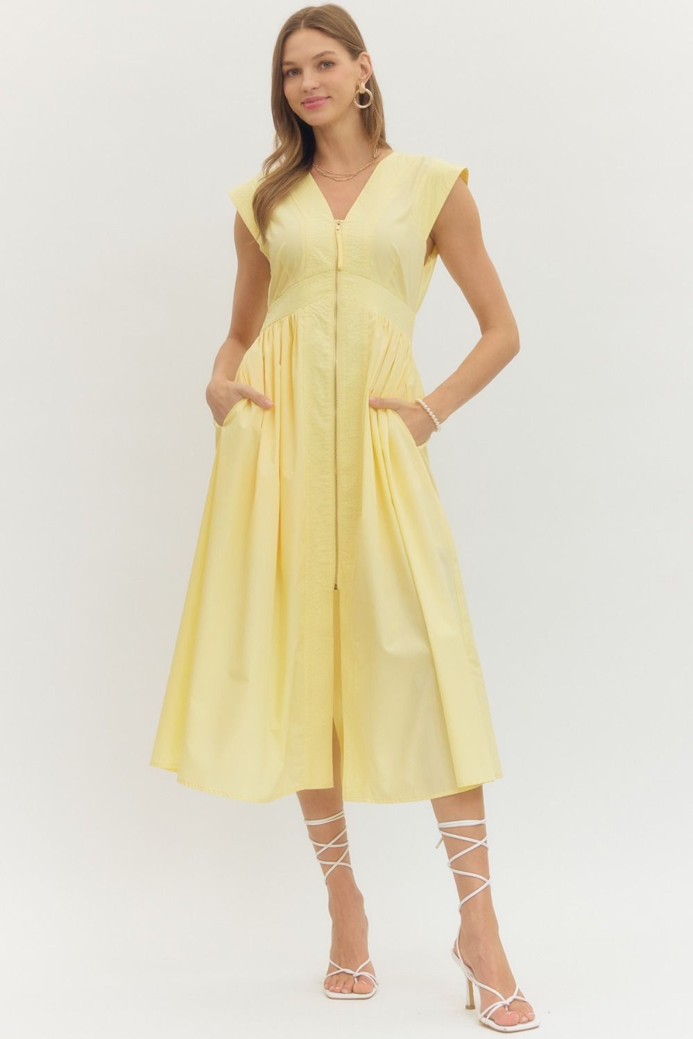 Butter Yellow Sleeveless Zip Up Midi Dress