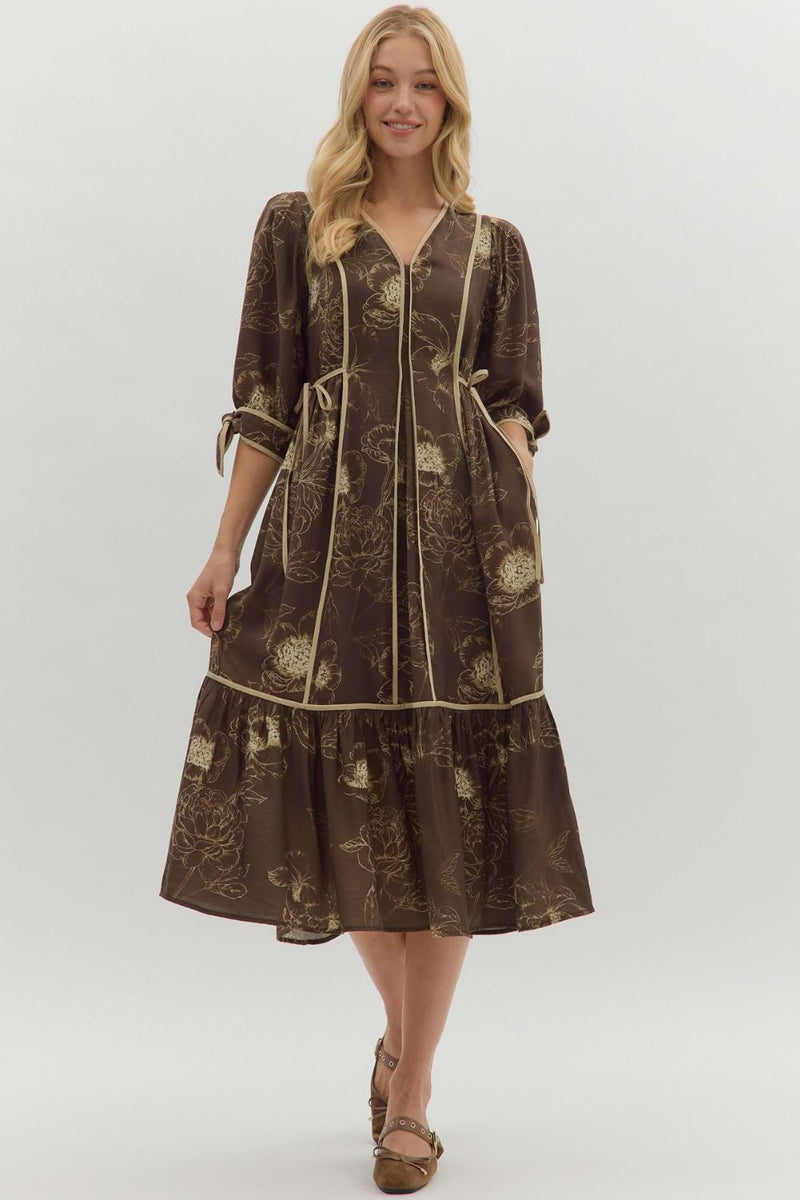 Brown Floral Print Midi Dress With Contrasting Trim