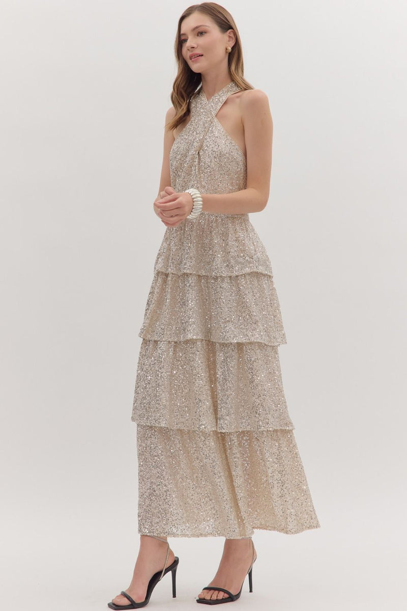 Sequin Tiered Ruffle Maxi Dress