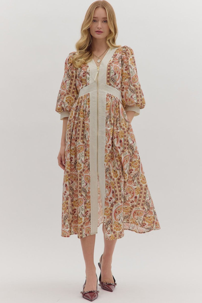 Paisley Floral Print Front Zip Midi Dress