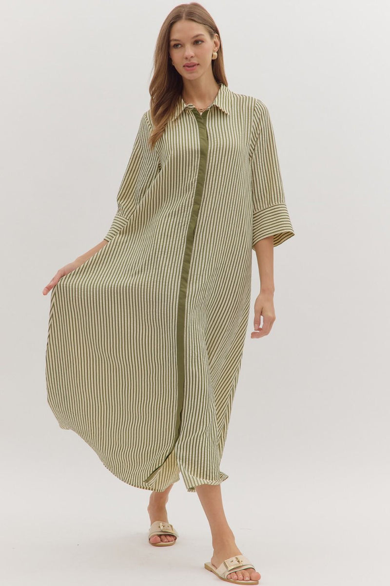 Olive Green Striped Button Up Maxi Dress