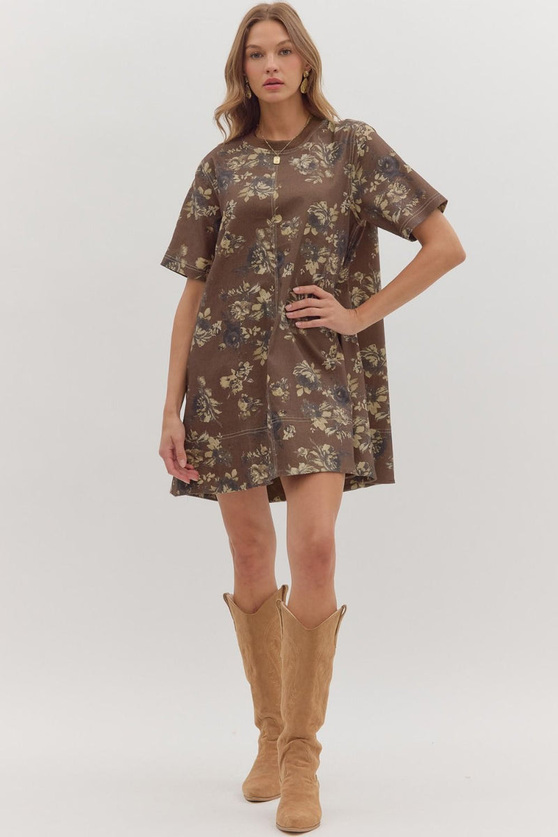 Brown Floral A Line Mini Dress