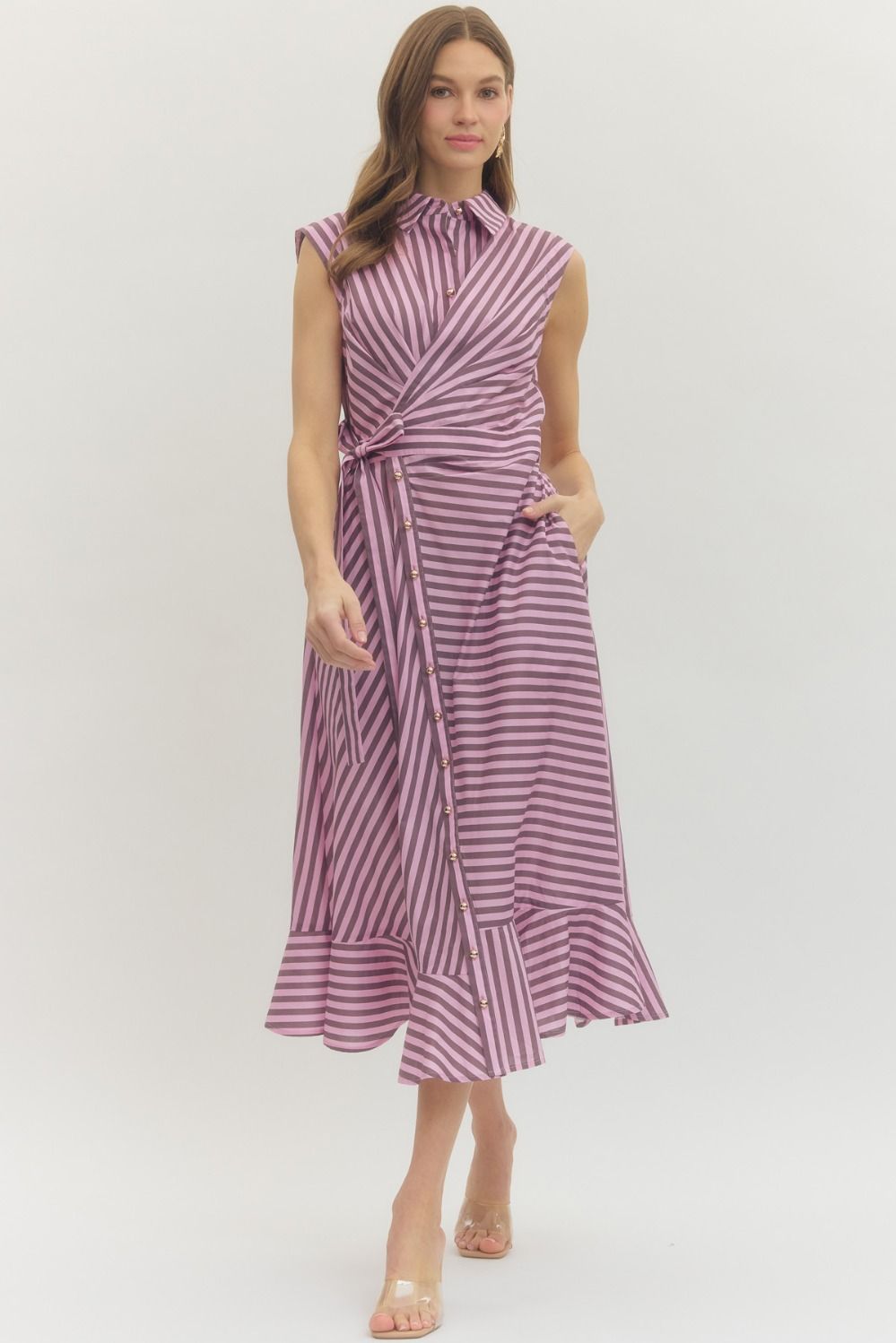 Striped Asymmetrical Button Down Midi Dress - Pink