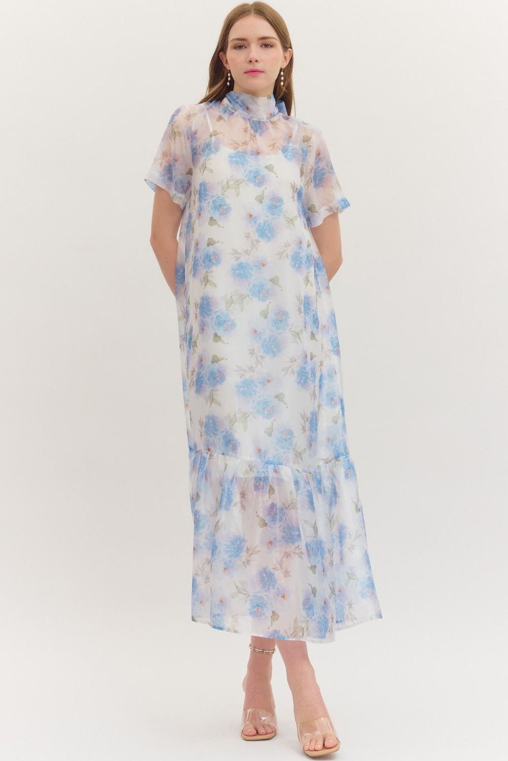 Blue Botanical Sheer Overlay Maxi Dress
