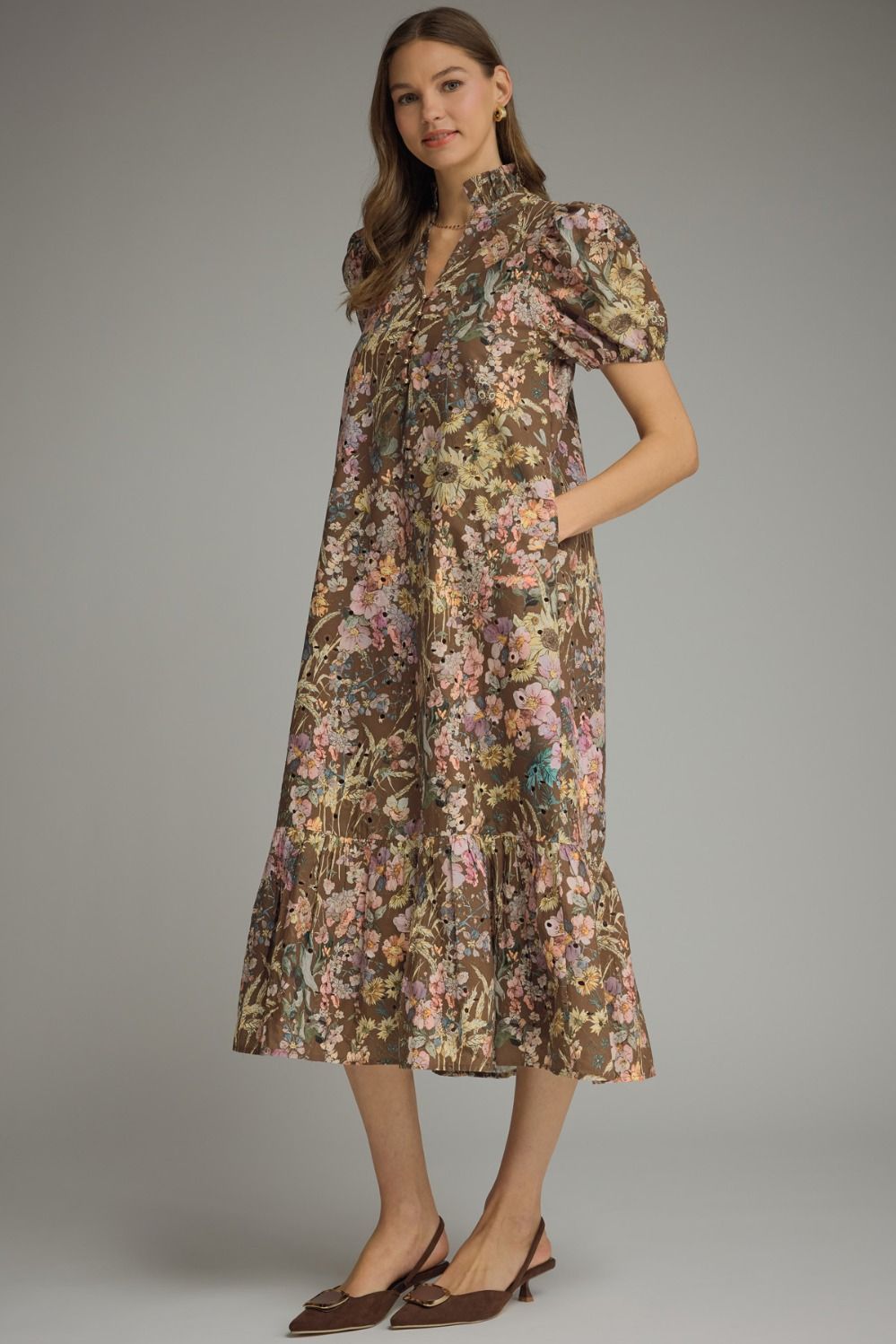 Brown Floral Eyelet Maxi Dress