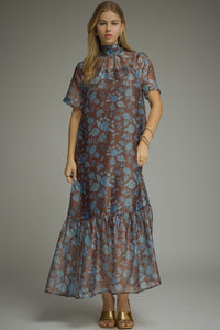 Brown Botanical Sheer Overlay Maxi Dress