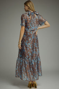 Brown Botanical Sheer Overlay Maxi Dress
