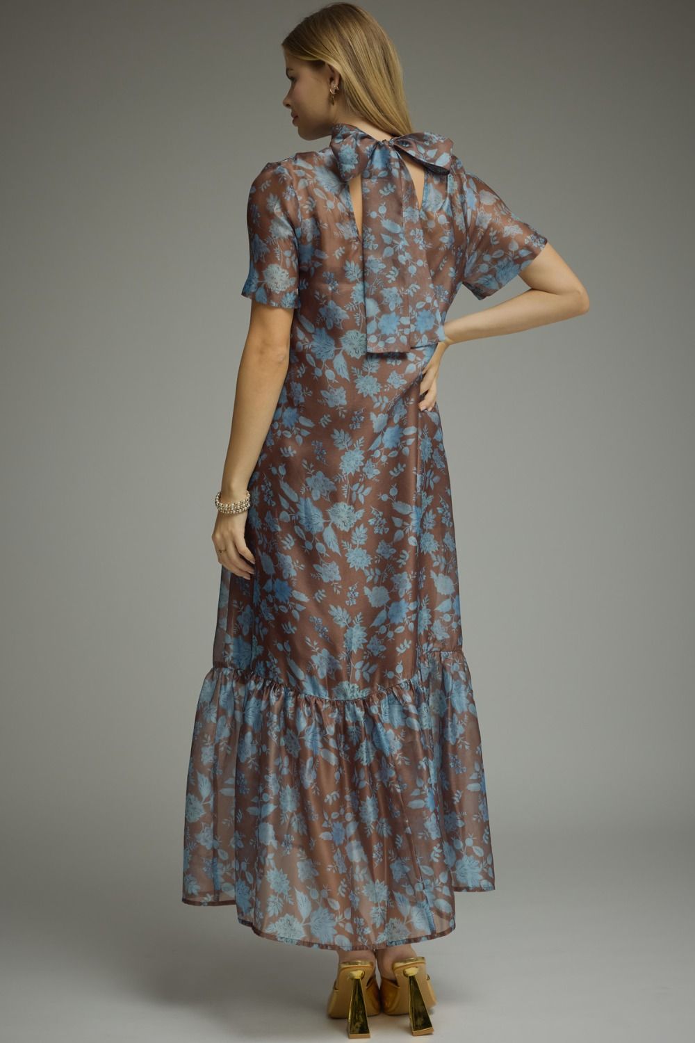 Brown Botanical Sheer Overlay Maxi Dress