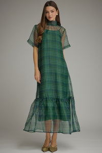 Green Plaid Sheer Overlay Maxi Dress