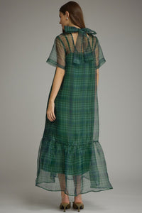 Green Plaid Sheer Overlay Maxi Dress