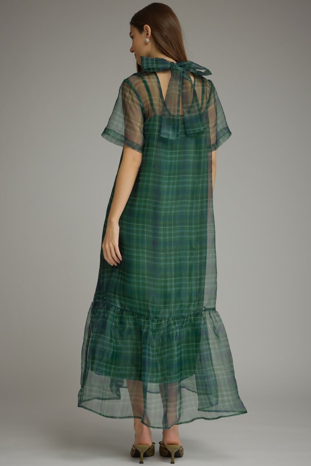 Green Plaid Sheer Overlay Maxi Dress