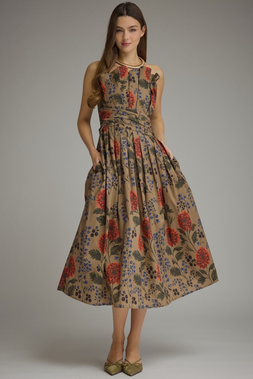Brown Garden Tapestry Floral Strapless Midi Dress