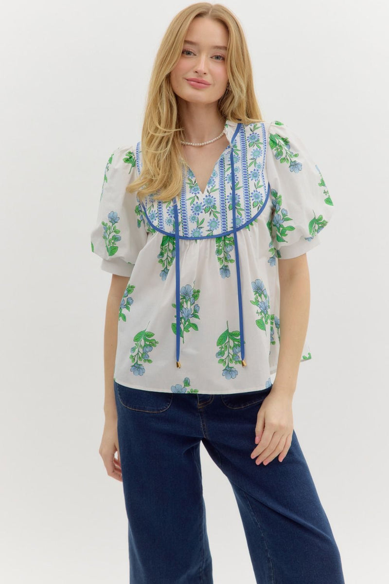 Blue and White Floral Print Puff Sleeve Blouse